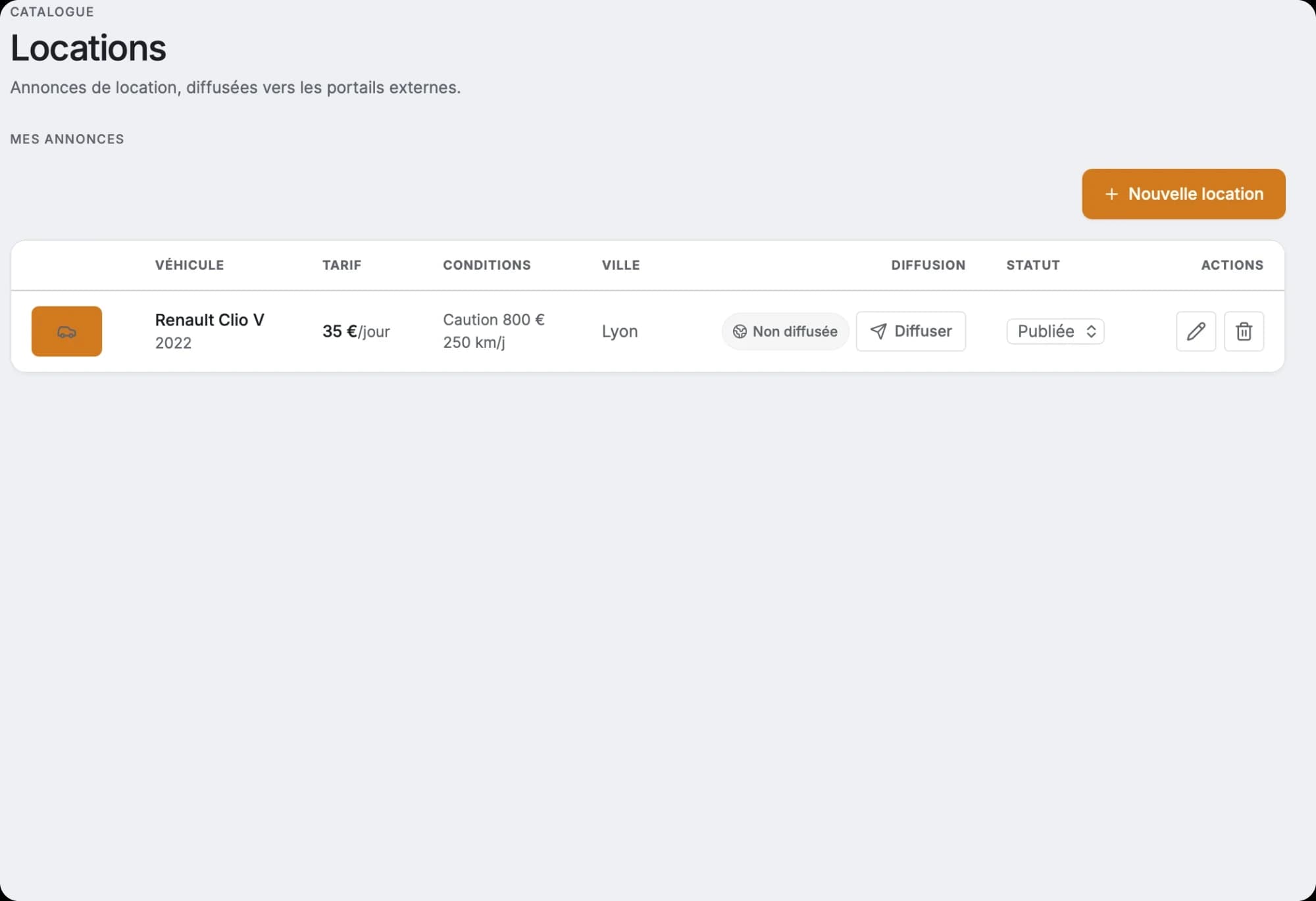 Catalogue des annonces de location : tarif, conditions, diffusion et statut