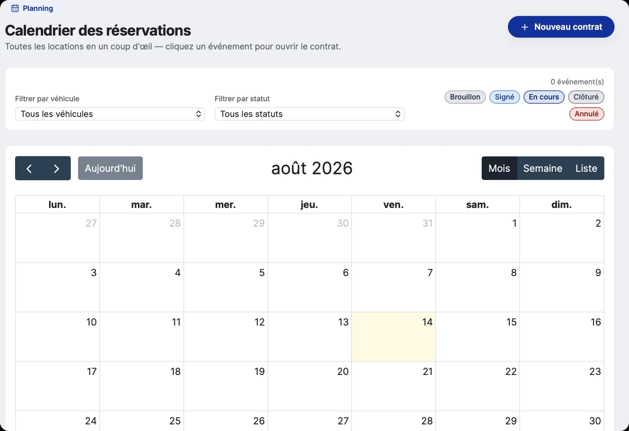Calendrier des réservations Cleclic : filtres par véhicule et par statut, vue mois