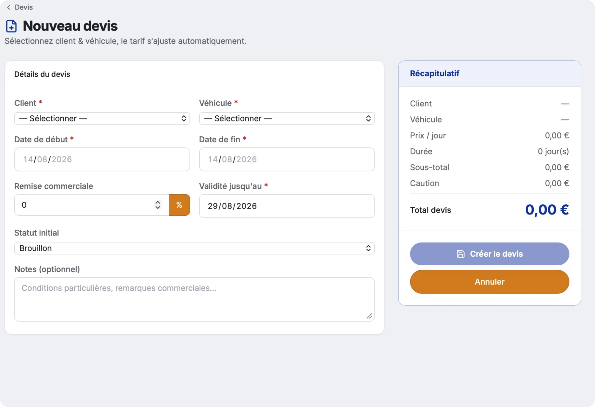 A new quotation in Cleclic: customer, vehicle, dates, discount and calculated summary